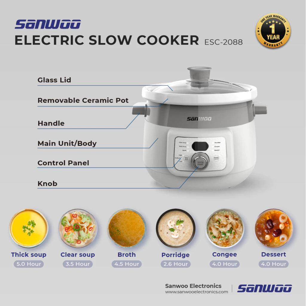 Sanwoo Electric Slow Cooker 2L / Alat Masak MPASI Terdapat 6 pilihan fungsi menu