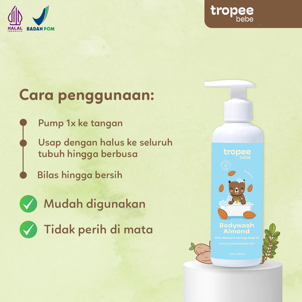 Tropee Bebe Almond Body Wash 250ml | Sabun Mandi Anak | Natural Free SLS