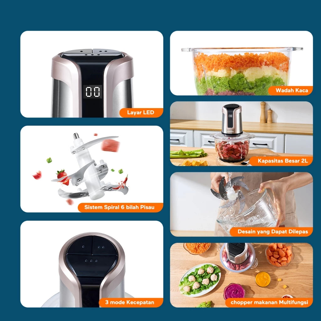 Ecentio food chopper blender kaca Layar LED 2L 6 Mata Pisau food grade