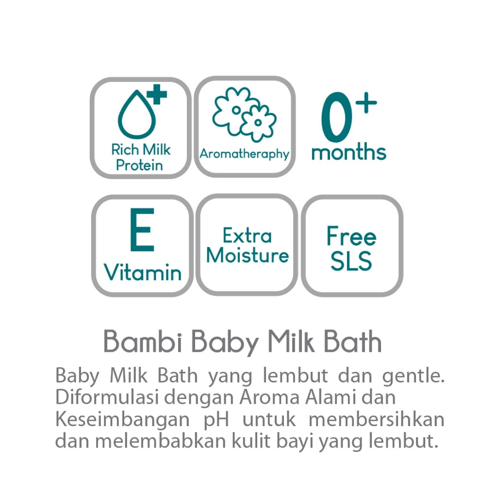 Bambi Baby Milk Bath 300ml Refill | Sabun Bayi Kaya Protein Susu Nabati PH Balance