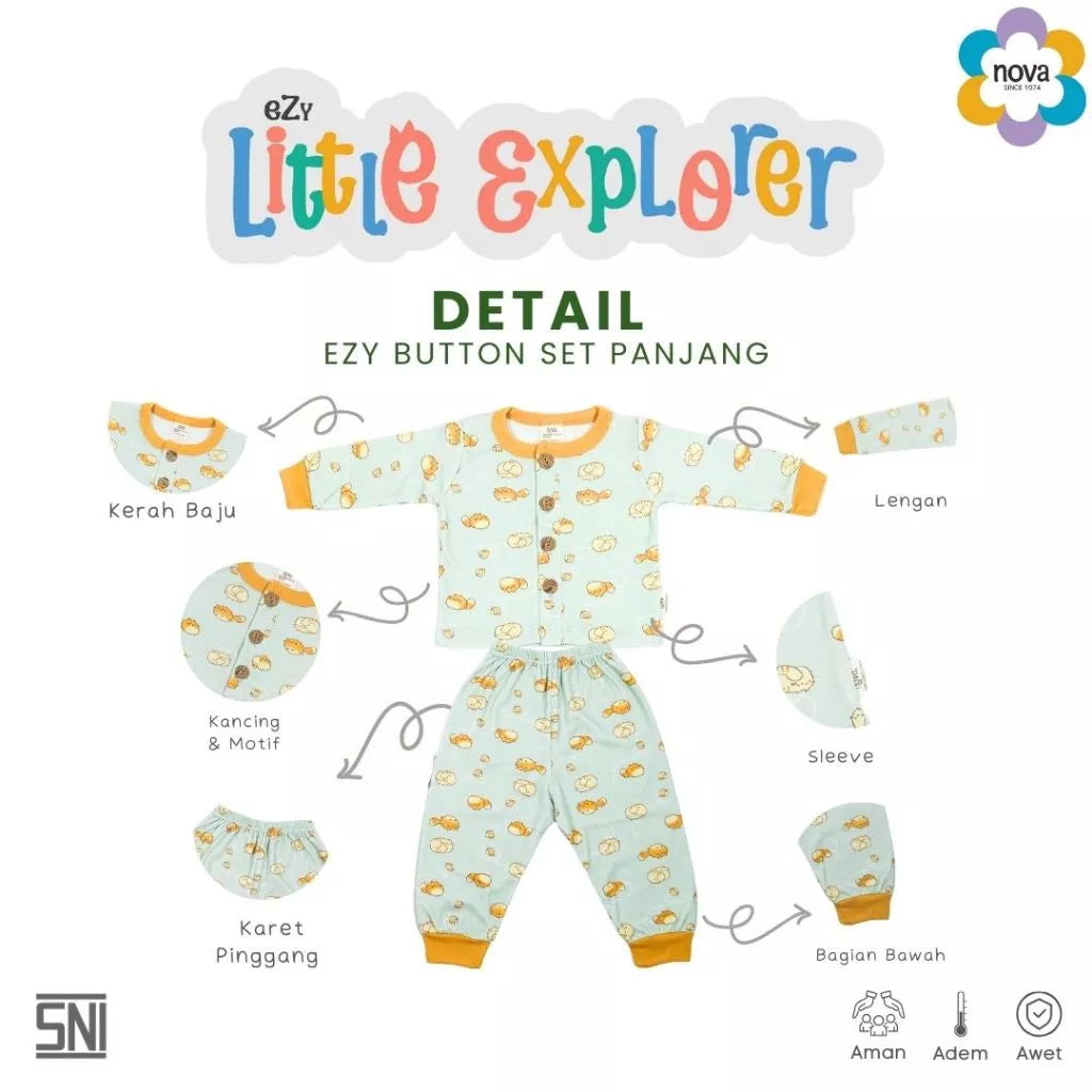 NOVA Button Set Panjang Ezy Little Explorer - Setelan Baju Kancing Panjang Bayi & Anak (0-24 bulan)