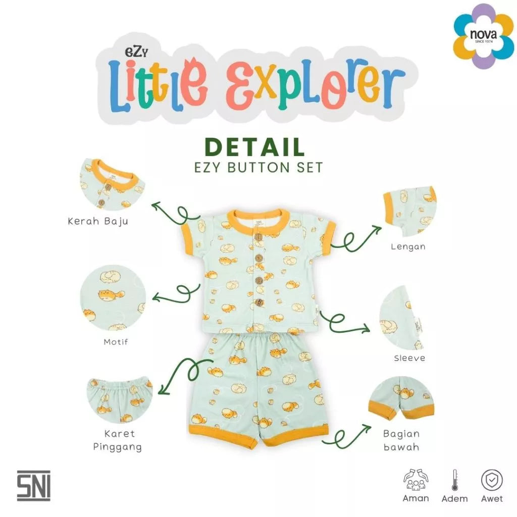 NOVA Ezy Button Set Little Explorer - Setelan Bayi dan Anak Baju Kancing Pendek (0-24 bulan)