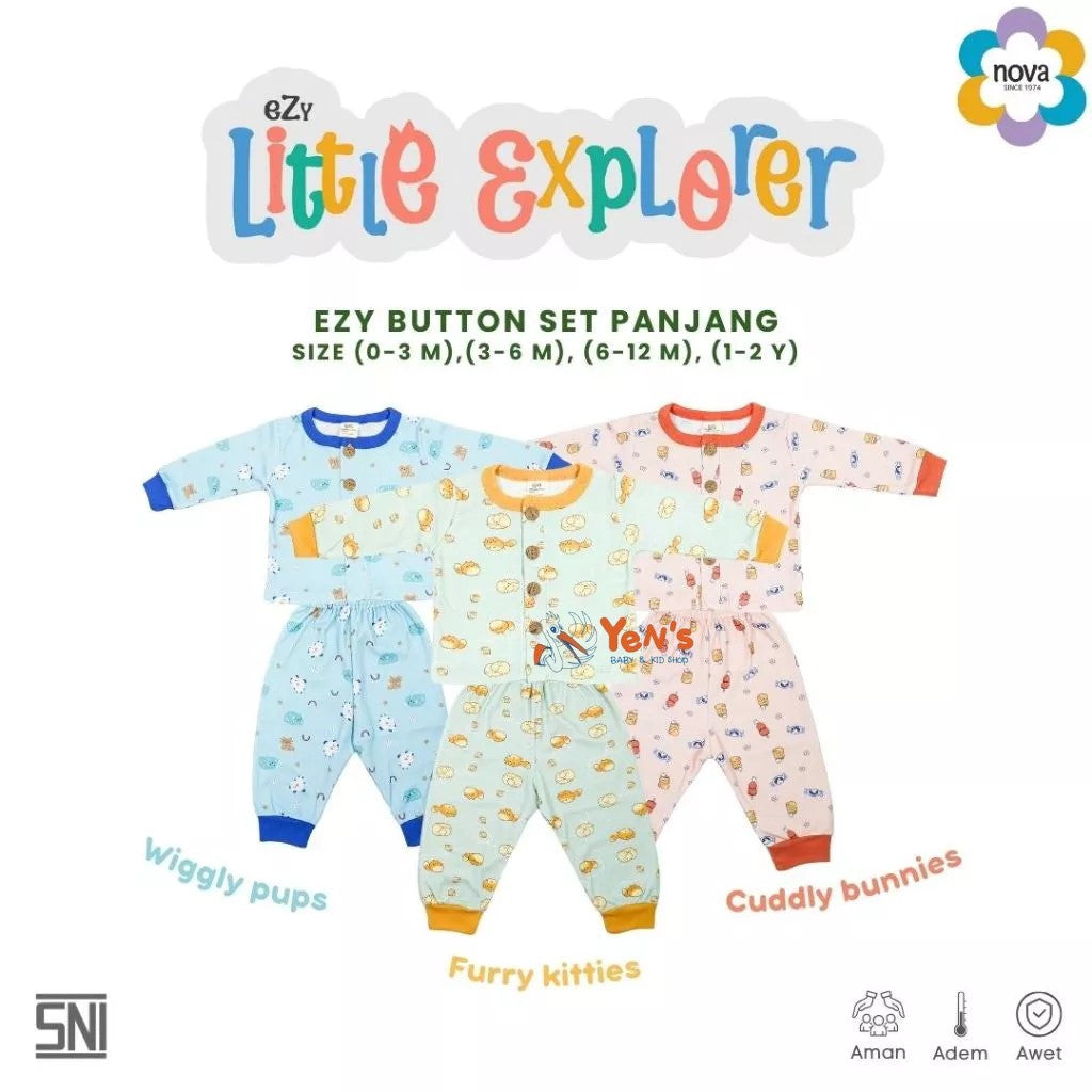 NOVA Button Set Panjang Ezy Little Explorer - Setelan Baju Kancing Panjang Bayi & Anak (0-24 bulan)