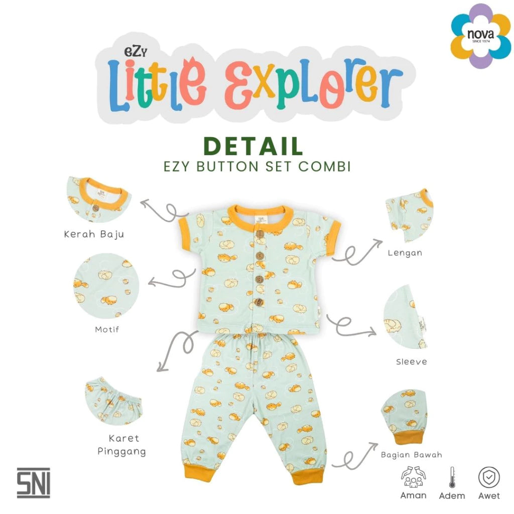 NOVA Ezy Button Set Combi Ezy Little Explorer - Setelan Baju Kancing Combi Bayi dan Anak(0-24 bulan)