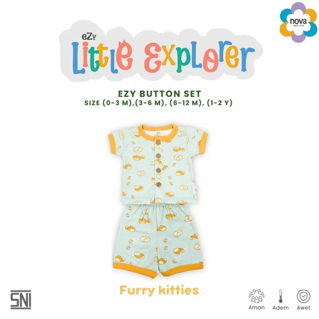 NOVA Ezy Button Set Little Explorer - Setelan Bayi dan Anak Baju Kancing Pendek (0-24 bulan)