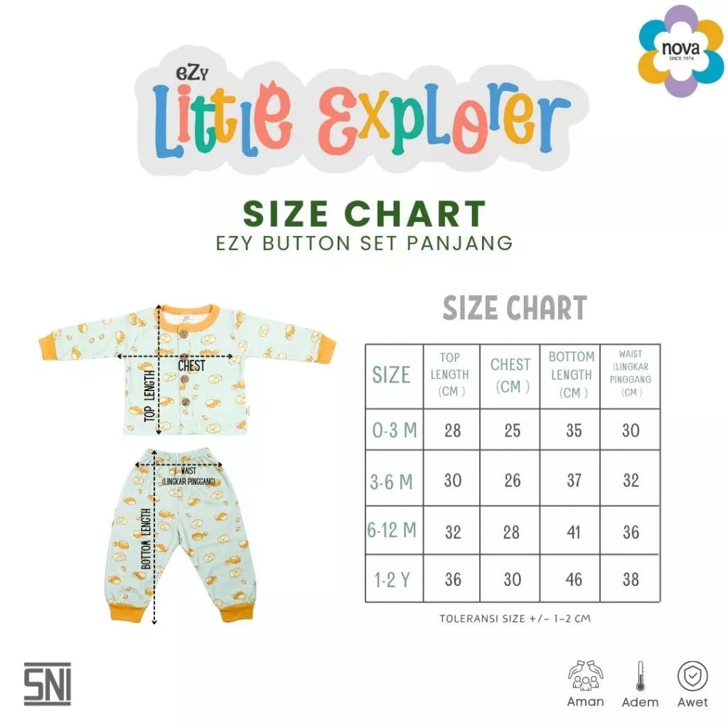 NOVA Button Set Panjang Ezy Little Explorer - Setelan Baju Kancing Panjang Bayi & Anak (0-24 bulan)