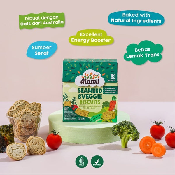 Alamii Multigrain Biscuits - Biskuit Milk & Cocoa / Seaweed & Veggie / Oat & Milk -  60g (3 bags x 20g) - Halal Certified
