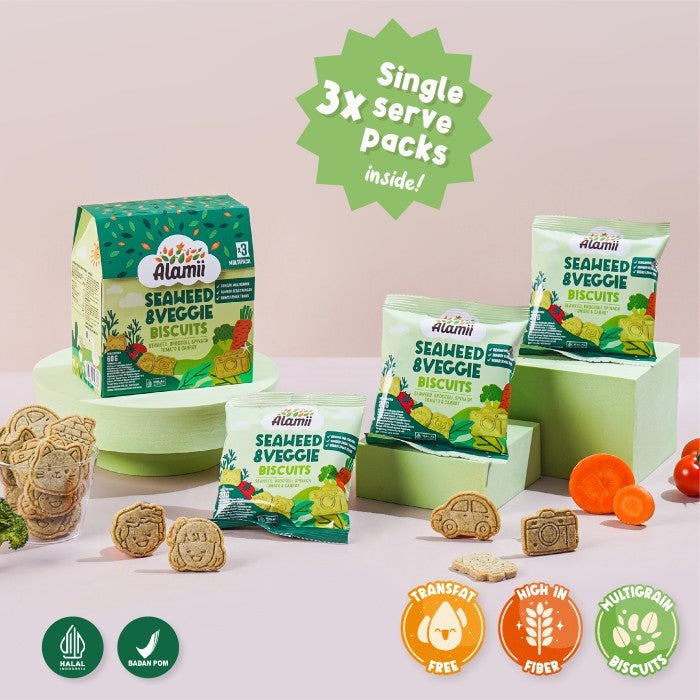 Alamii Multigrain Biscuits - Biskuit Milk & Cocoa / Seaweed & Veggie / Oat & Milk -  60g (3 bags x 20g) - Halal Certified