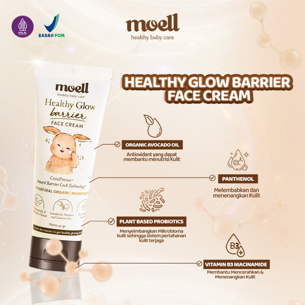 Moell Face Cream Healthy Glow Barrier Face Cream 40gr - Pelembab Wajah Bayi - Plant Based Probiotics Suitable For Sensitive Skin