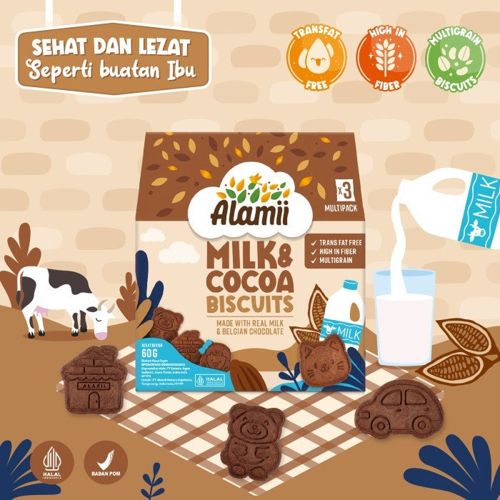 Alamii Multigrain Biscuits - Biskuit Milk & Cocoa / Seaweed & Veggie / Oat & Milk -  60g (3 bags x 20g) - Halal Certified