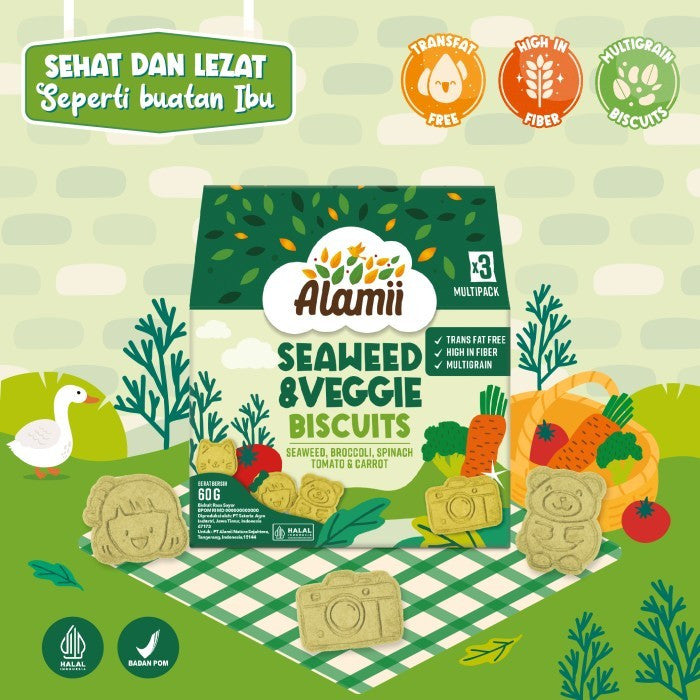 Alamii Multigrain Biscuits - Biskuit Milk & Cocoa / Seaweed & Veggie / Oat & Milk -  60g (3 bags x 20g) - Halal Certified
