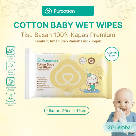 PURCOTTON Natural Baby Cotton Wet Wipes 20 Lembar - Tisu Basah Bayi Natural Non Alkohol soft
