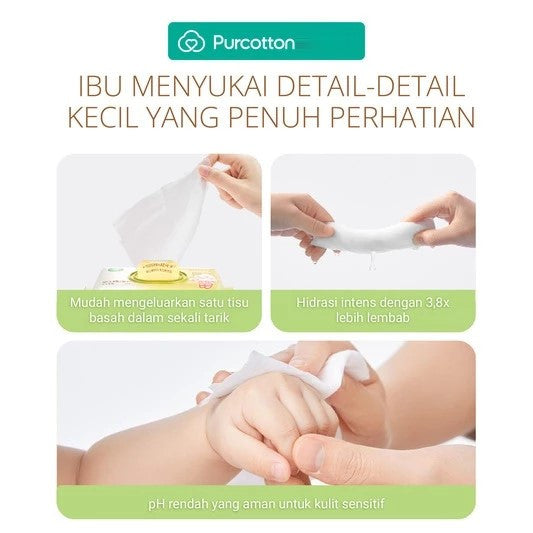 PURCOTTON Natural Baby Cotton Wet Wipes 20 Lembar - Tisu Basah Bayi Natural Non Alkohol soft
