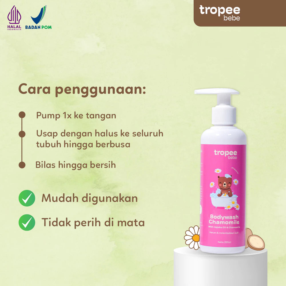 Tropee Bebe Chamomile Body Wash 250ml | Sabun Mandi Anak | Natural Free SLS | Untuk Kulit Alergi