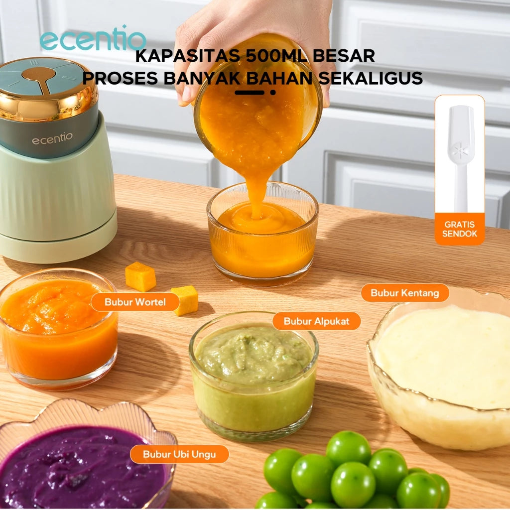 ecentio 3 Kecepatan Food Processor MPASI Blender Bayi 500ml 3 Pisau Mangkuk Kaca Food Grade