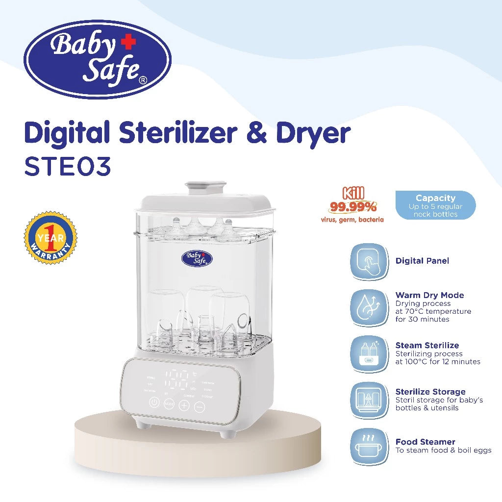 BabySafe Alat Steril Botol Susu & Pengering Digital STE03 -Menghangatkan Botol Susu ,Makanan & Kukus