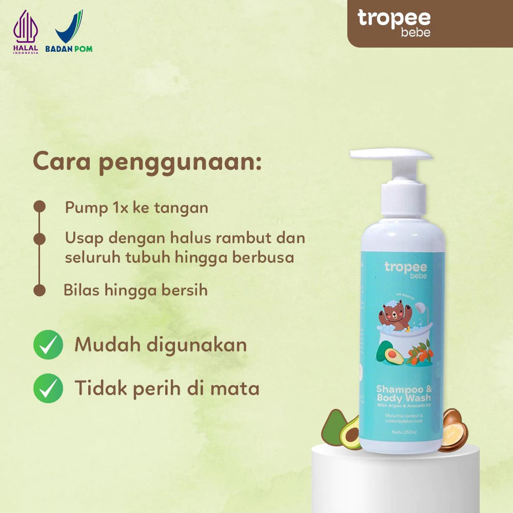 Tropee Bebe Shampoo & Body Wash 250ml | Sampo & Sabun Mandi Anak | Natural Free SLS