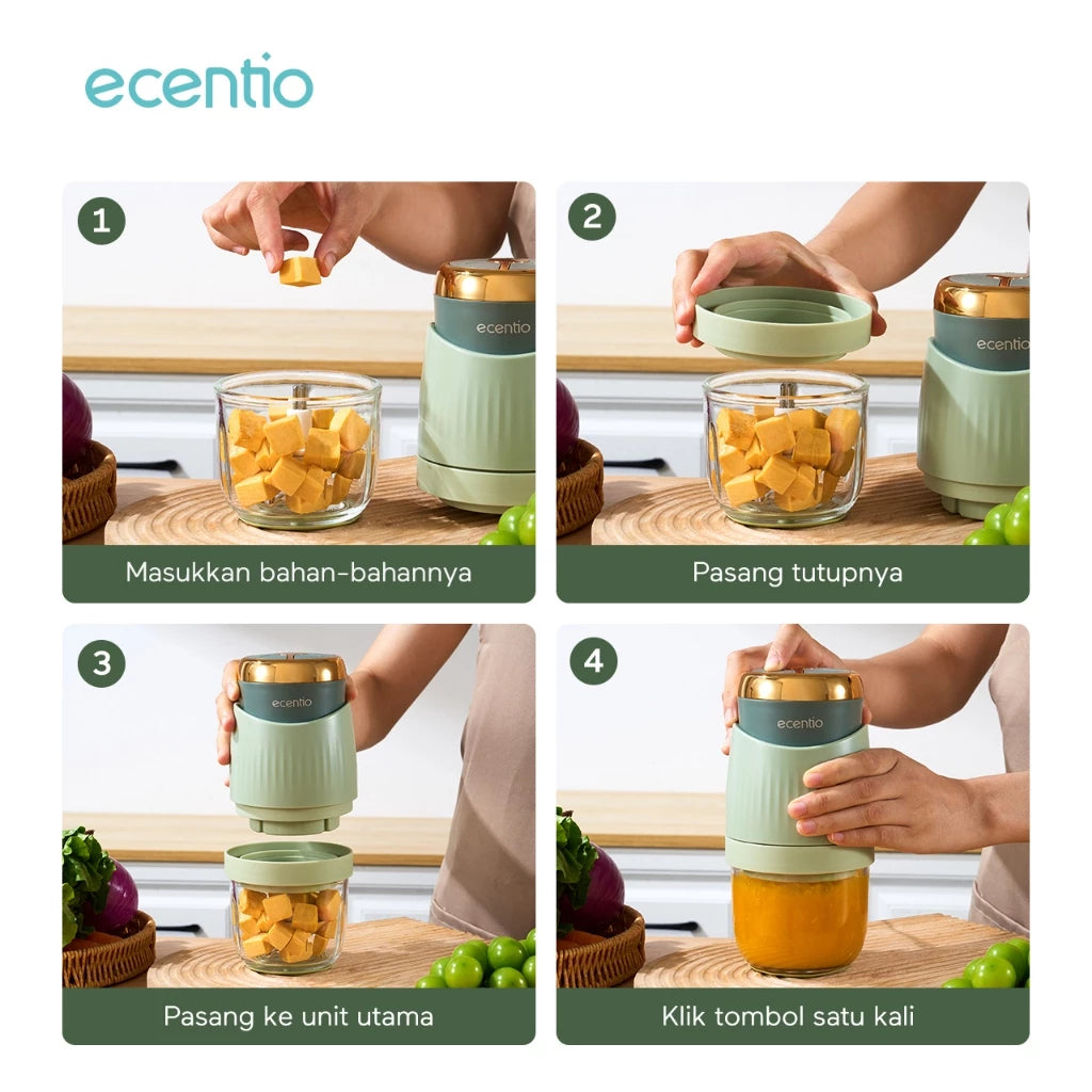 ecentio 3 Kecepatan Food Processor MPASI Blender Bayi 500ml 3 Pisau Mangkuk Kaca Food Grade
