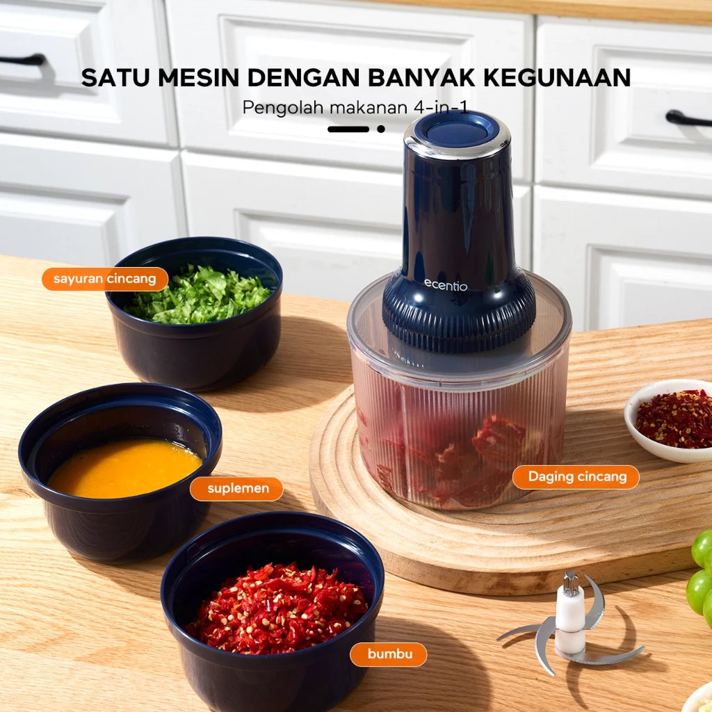 ecentio mini chopper blender 4 Mangkuk kaca multifungsi 2 set pisau food grade