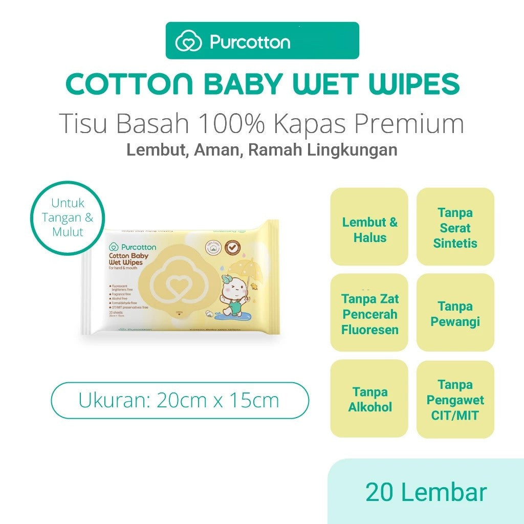 PURCOTTON Natural Baby Cotton Wet Wipes 20 Lembar - Tisu Basah Bayi Natural Non Alkohol soft
