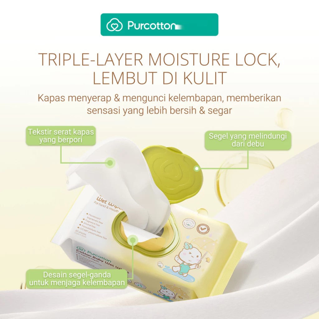 PURCOTTON Natural Baby Cotton Wet Wipes 20 Lembar - Tisu Basah Bayi Natural Non Alkohol soft