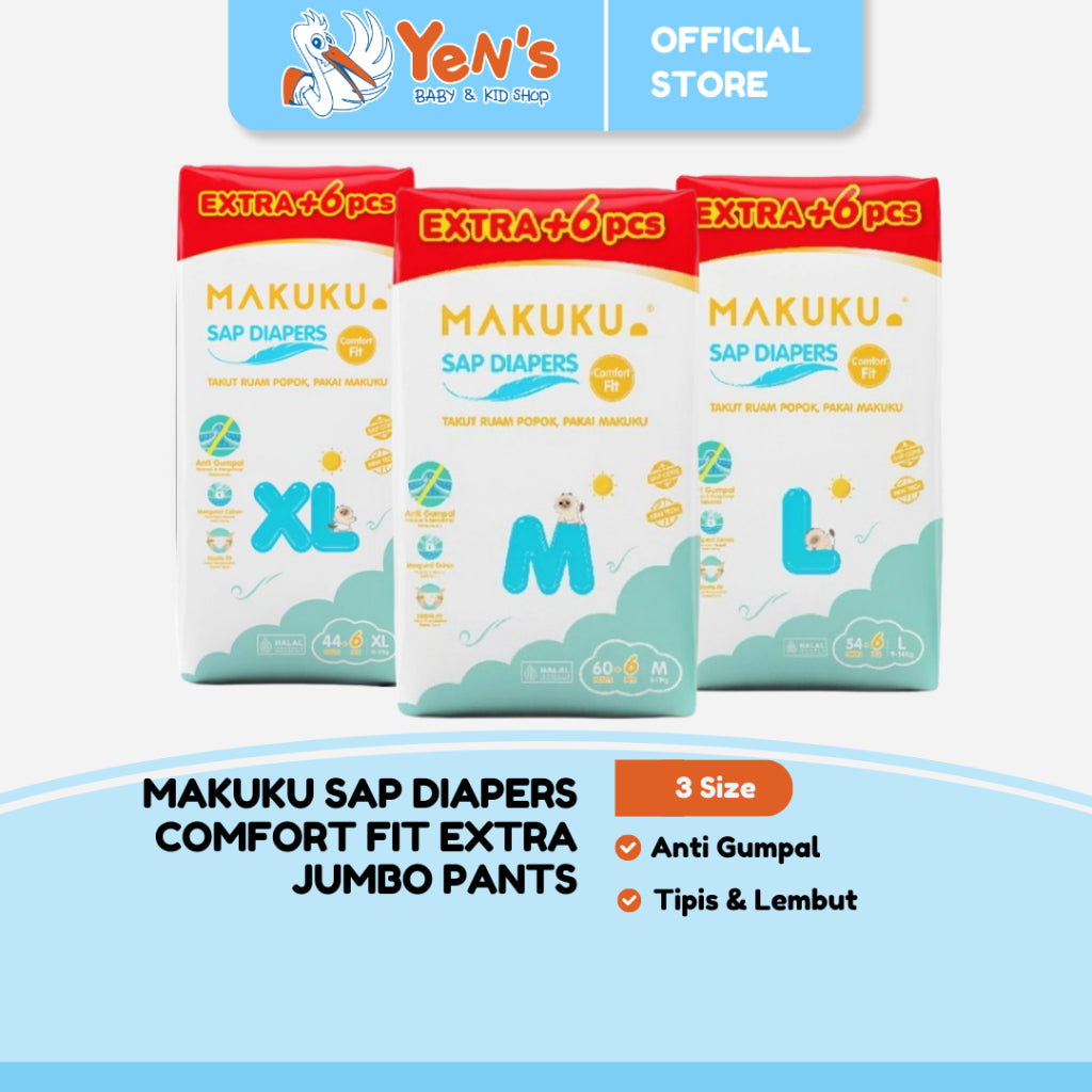 MAKUKU SAP Diapers Comfort Fit Extra Jumbo+6 Pants M/L/XL - Popok Bayi Tipis Extra Dry Anti Gumpal