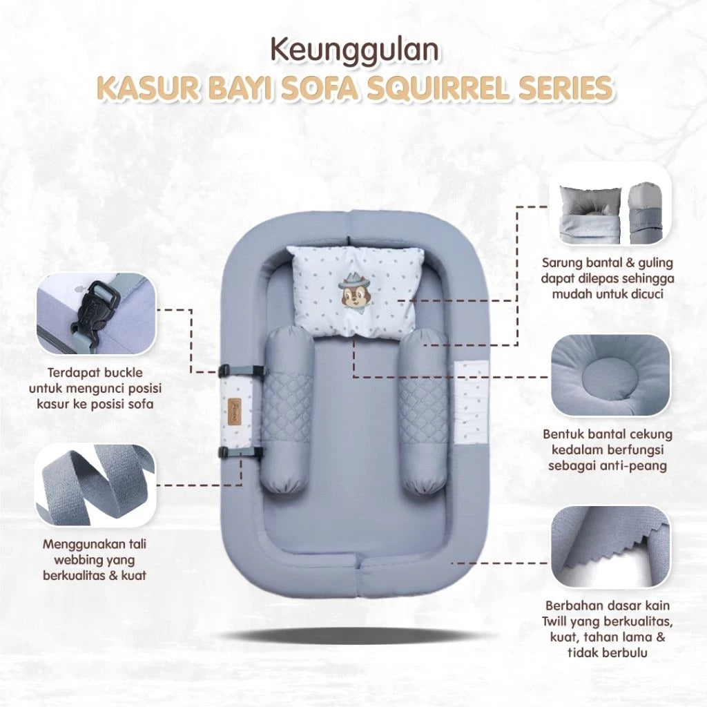 DIALOGUE BABY Kasur Bayi Sofa + Kelambu Squirrel Series DGK9317 Warna Abu, Coklat