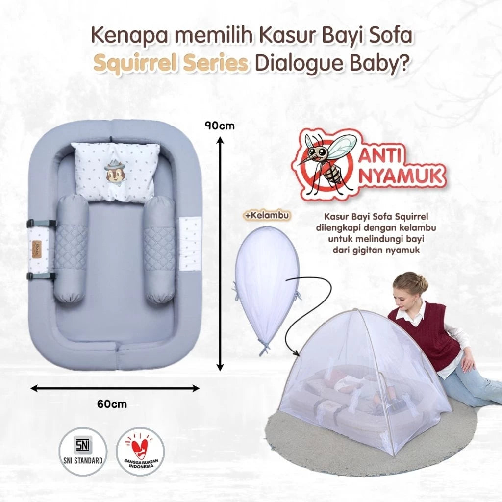 DIALOGUE BABY Kasur Bayi Sofa + Kelambu Squirrel Series DGK9317 Warna Abu, Coklat