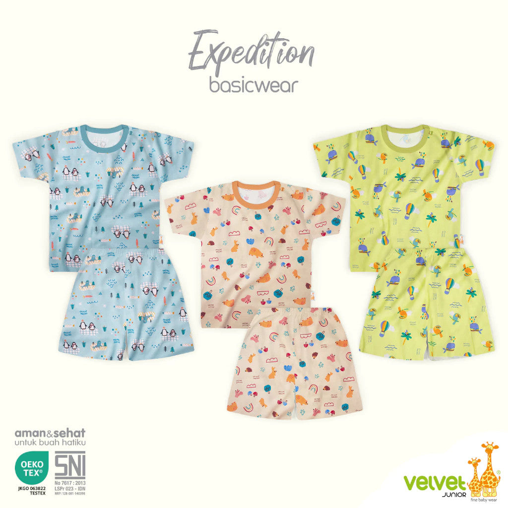 Velvet Junior Setelan Baju Anak Kancing Pundak Pendek Celana Pendek - BasicWear Expedition (1 STEL)
