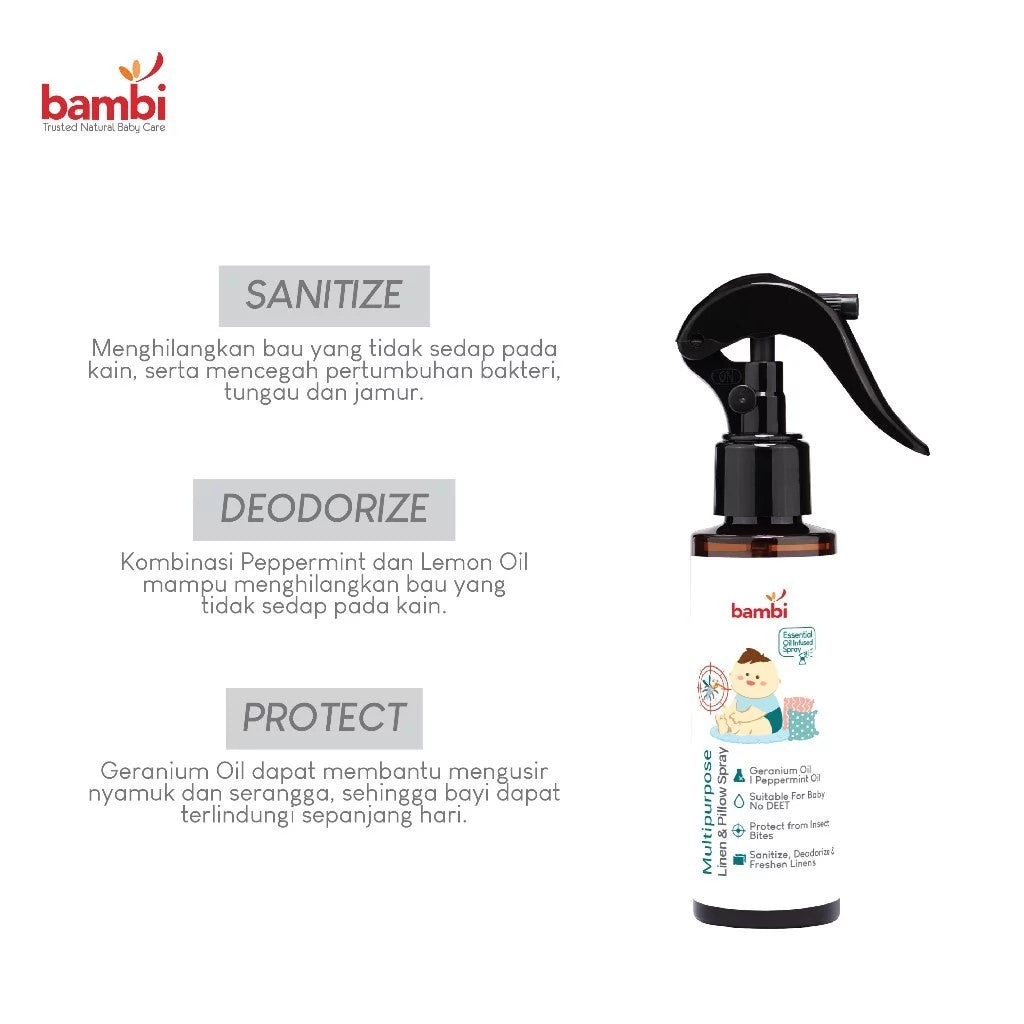 Bambi Baby Multipurpose Linen & Pillow Spray 120ml - Kombinasi Geranium dan Peppermint Oil