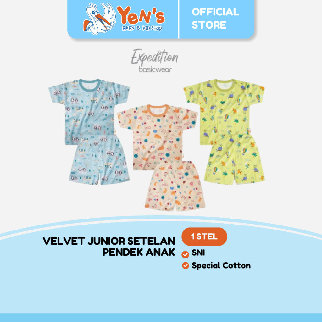 Velvet Junior Setelan Baju Anak Kancing Pundak Pendek Celana Pendek - BasicWear Expedition (1 STEL)