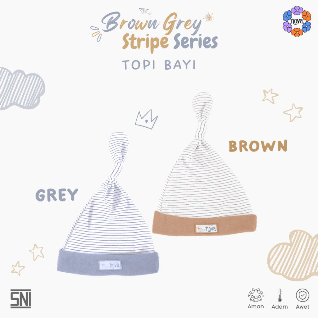NOVA Brown Grey Stripe Series - Topi Bayi Newborn - Knot Hat (1 pcs)