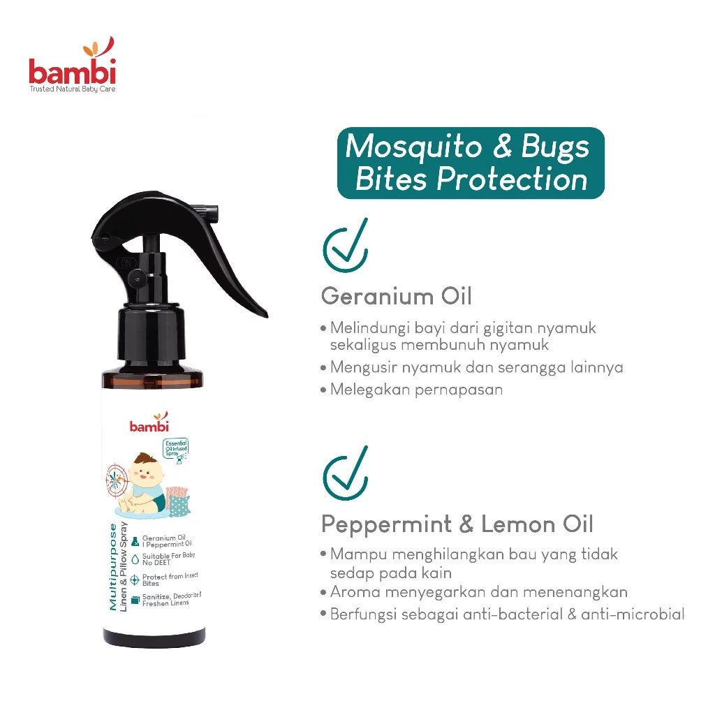 Bambi Baby Multipurpose Linen & Pillow Spray 120ml - Kombinasi Geranium dan Peppermint Oil